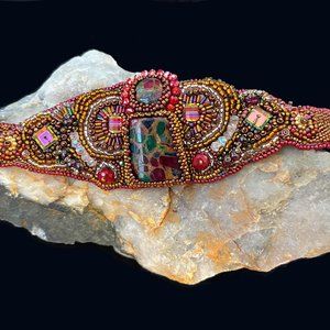 Handmade Red and Gold Bead Embroidery Bracelet/Cuff